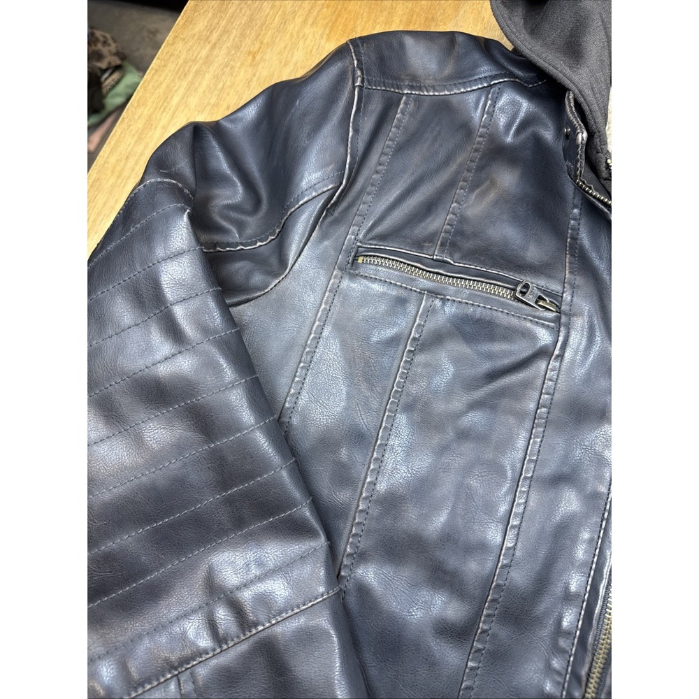 Levi's Men's Black Faux Leather Hooded Jacket Zip Front Coat Sz Large Biker - Picture 7 of 16
